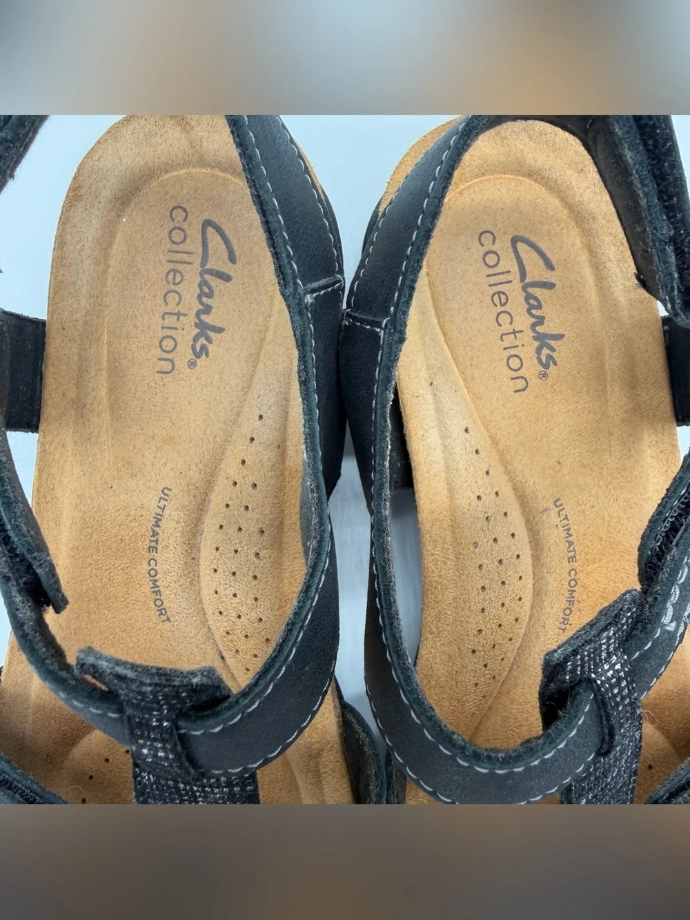 Clarks April Cove Flat Sandals Women 7.5 Black Leather Hook & Loop Comfort Boho